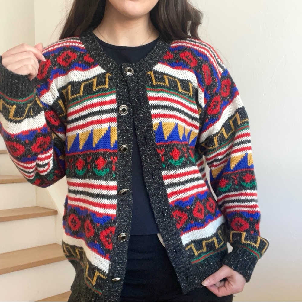 Vintage Lucia Wool Colorful Button Up Geometric Floral Holland Cardigan Sweater
